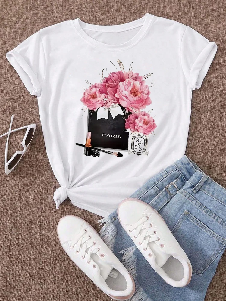 Damski T-shirt z kwiatowym nadrukiem w stylu Harajuku D0343