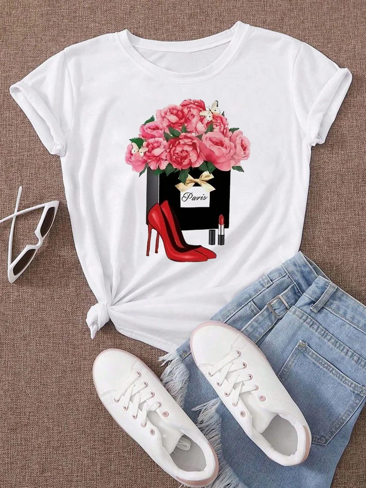 Damski T-shirt z kwiatowym nadrukiem w stylu Harajuku D0345