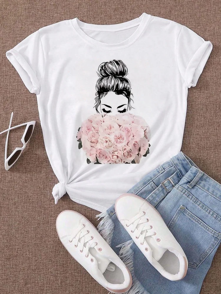 Damski T-shirt z kwiatowym nadrukiem w stylu Harajuku D0347