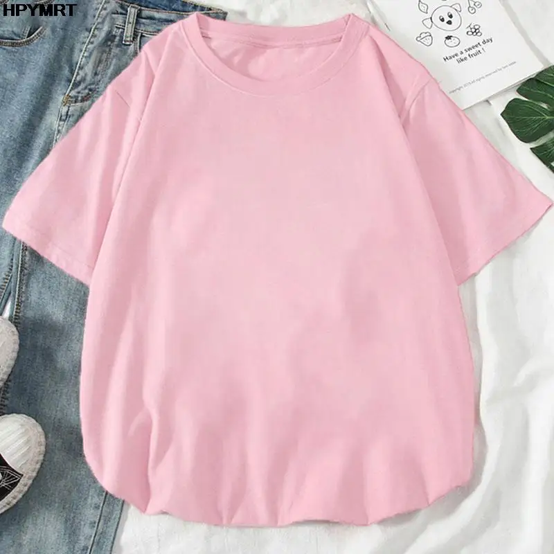 Damski t-shirt z krótkim rękawem - luźny, gładki, na lato Różowy