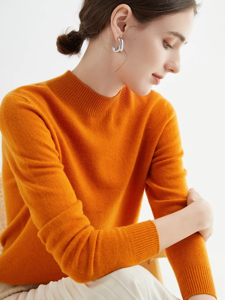 Damski wełniany sweter z golfem bezszwowy Pumpkin color