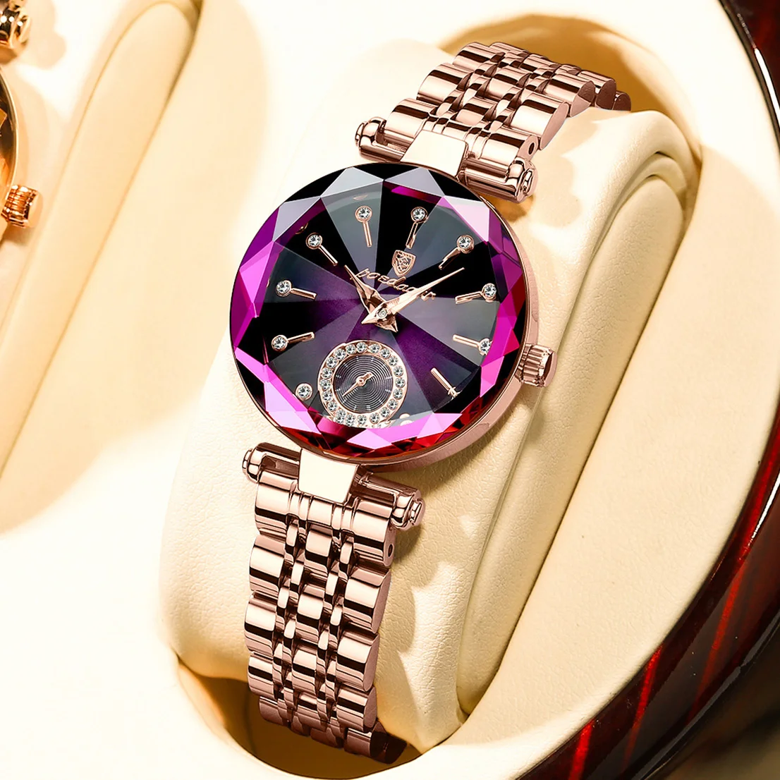 Damski zegarek POEDAGAR ze stali nierdzewnej i kryształami 719 rosegold purples