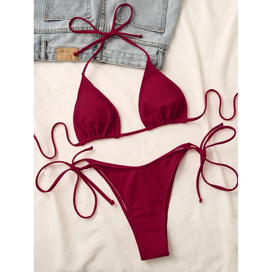 Damskie bikini brazylijskie dwuczęściowe z wiązaniem na szyi Bordowy