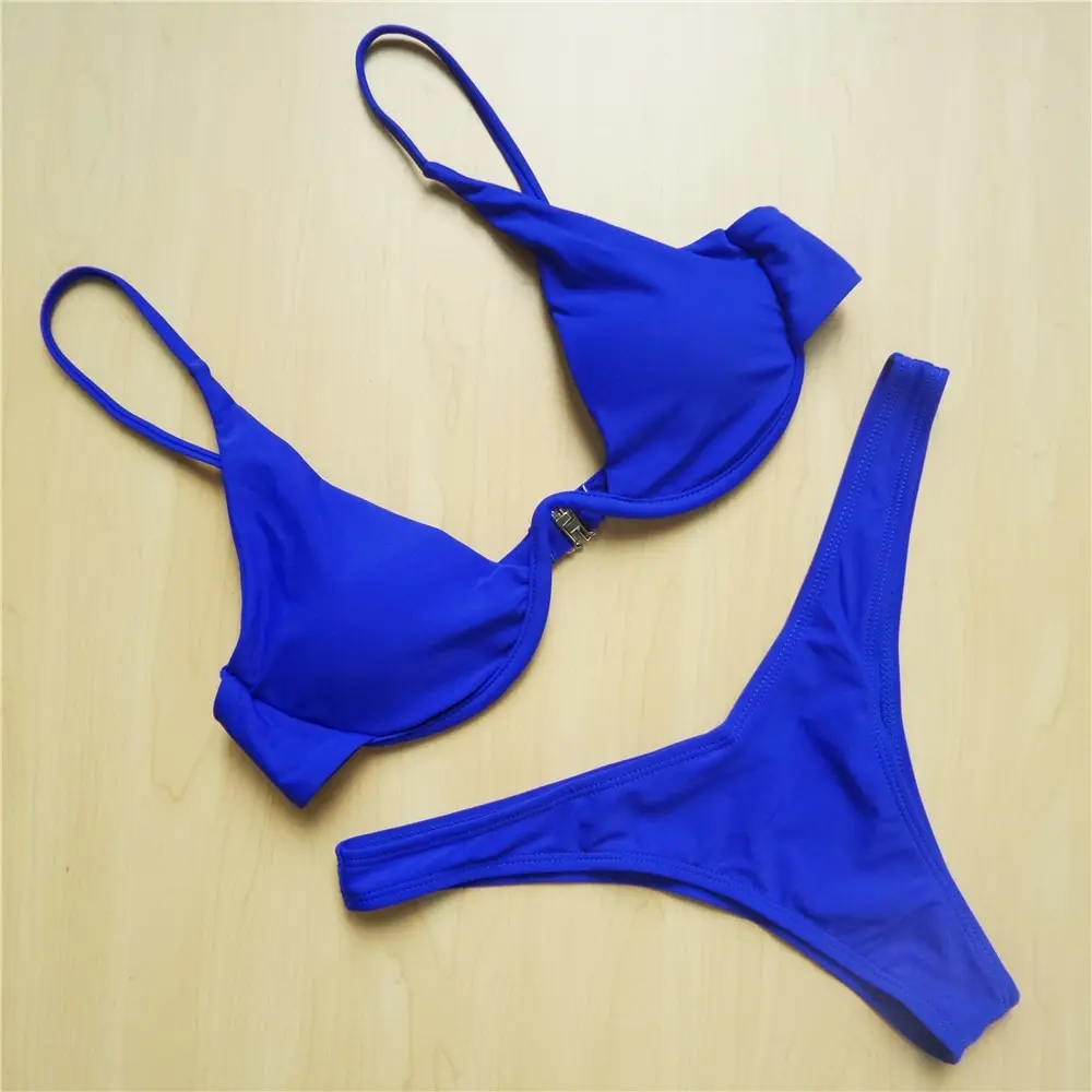 Damskie bikini z fiszbinami i dekoltem V Niebieski