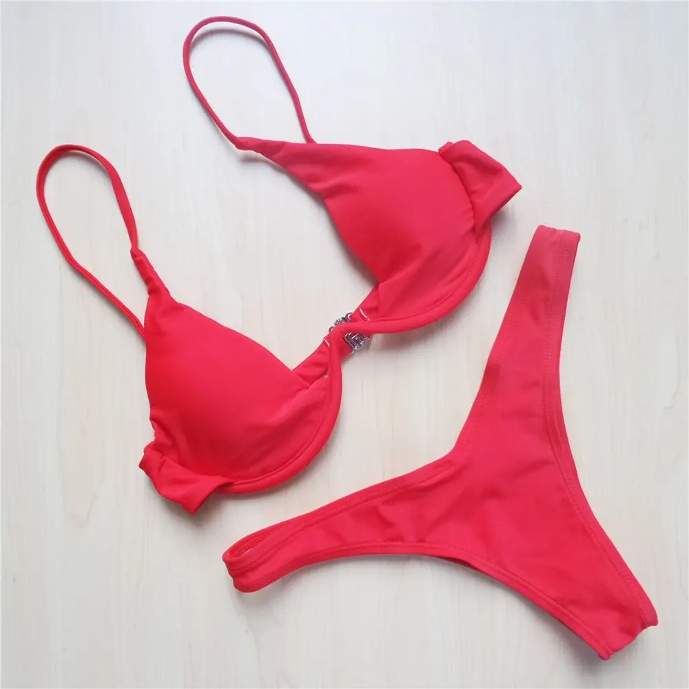 Damskie bikini z fiszbinami i dekoltem V Czerwony