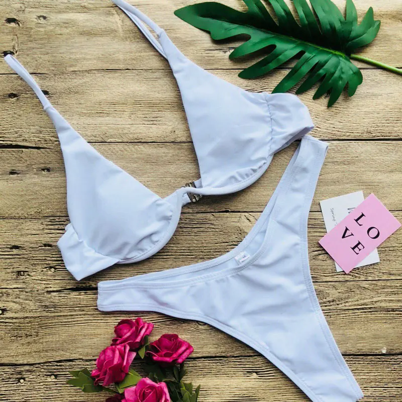 Damskie bikini z fiszbinami i dekoltem V Biały