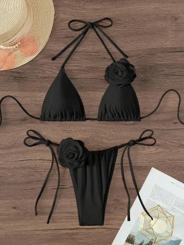 Damskie bikini z kwiatami 3D wiązane na szyi Czarny
