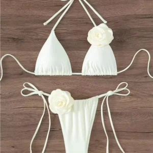 Damskie bikini z kwiatami 3D wiązane na szyi Biały