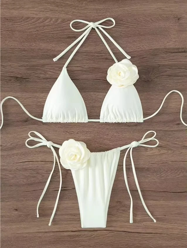 Damskie bikini z kwiatami 3D wiązane na szyi Biały