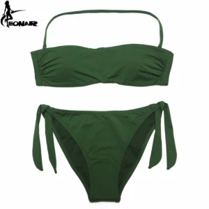 Damski strój kąpielowy bikini push-up z wiązaniami Zielony