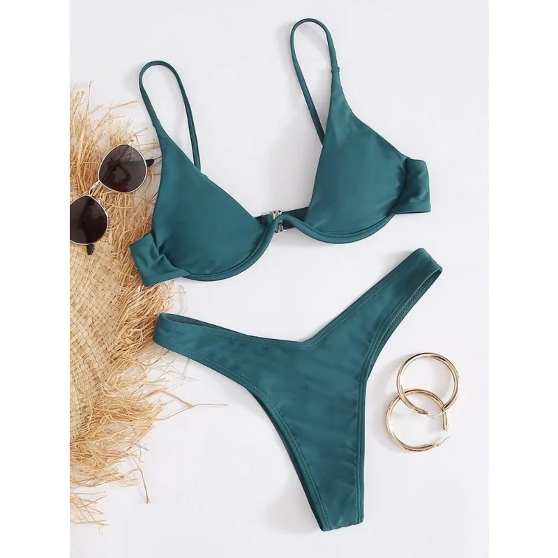 Damski strój kąpielowy bikini push-up z wysokim wycięciem Ciemnozielony