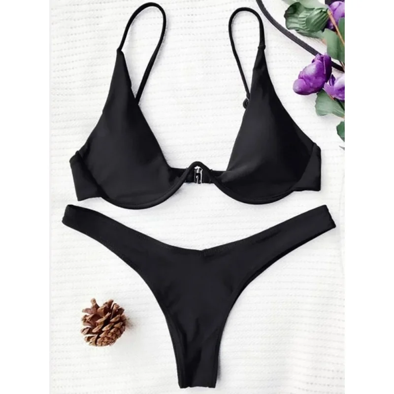 Damski strój kąpielowy bikini push-up z wysokim wycięciem Czarny