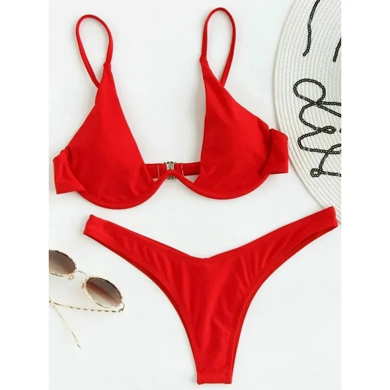 Damski strój kąpielowy bikini push-up z wysokim wycięciem Czerwony