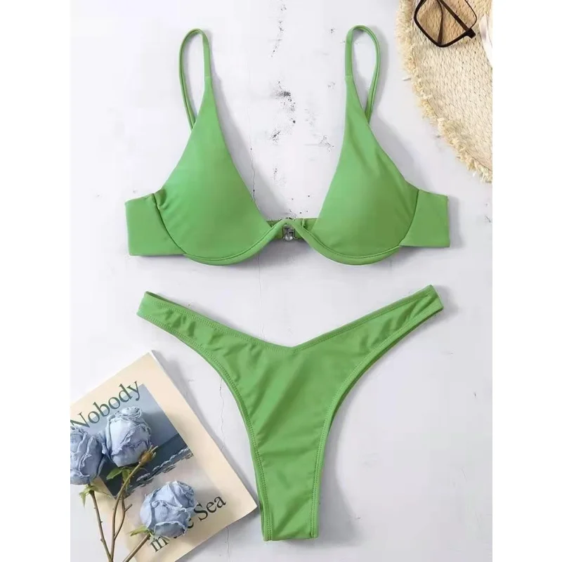 Damski strój kąpielowy bikini push-up z wysokim wycięciem Jasny zielony
