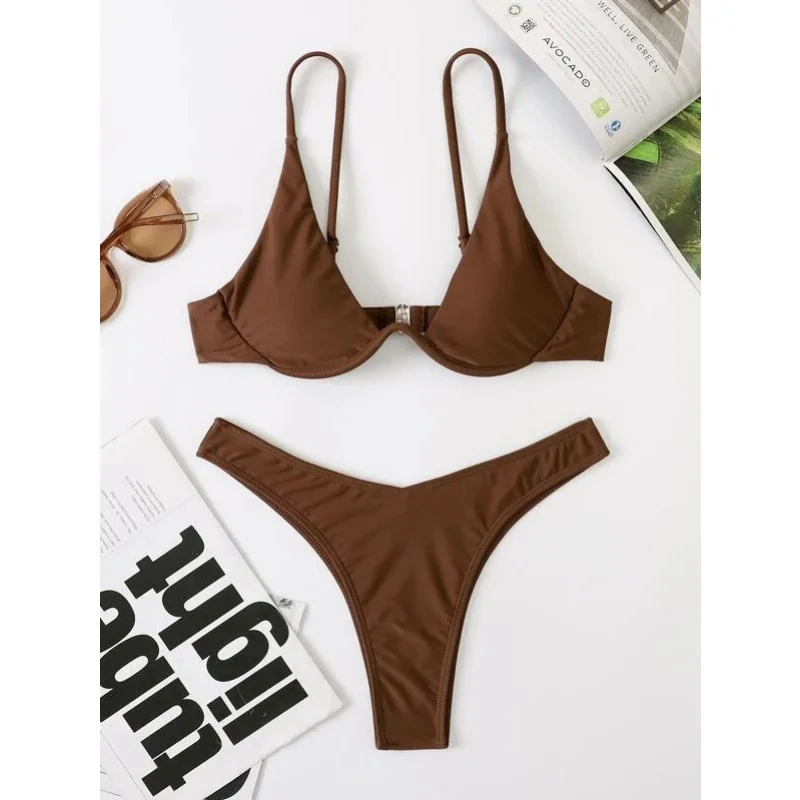 Damski strój kąpielowy bikini push-up z wysokim wycięciem Kawa