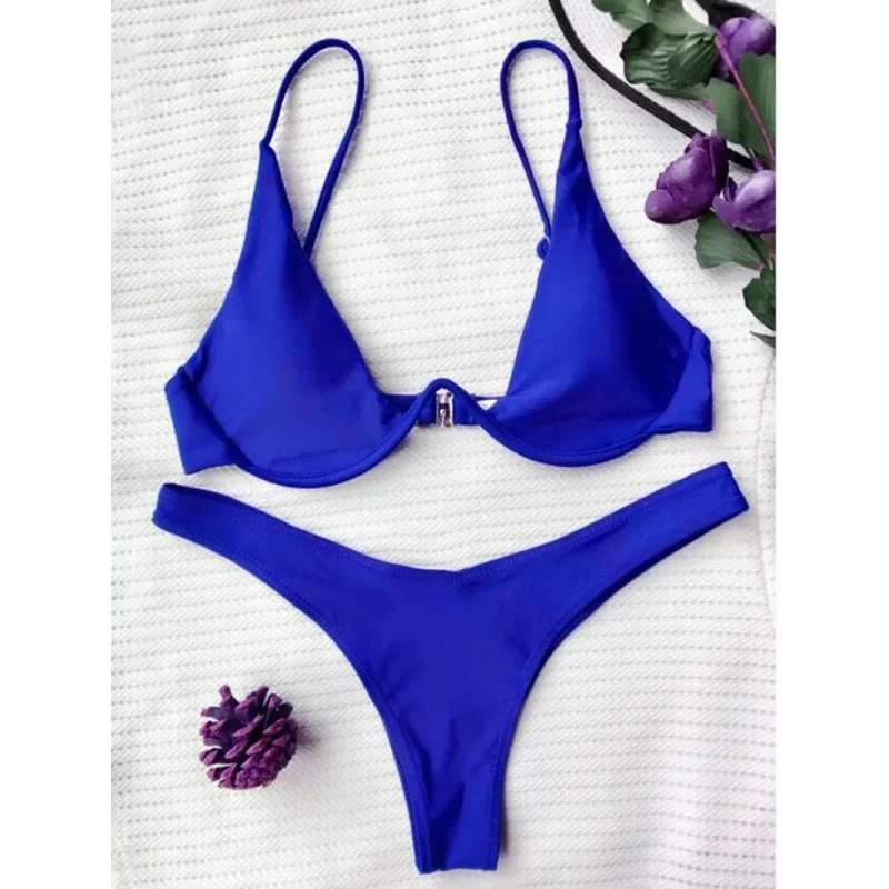 Damski strój kąpielowy bikini push-up z wysokim wycięciem Królewski niebieski