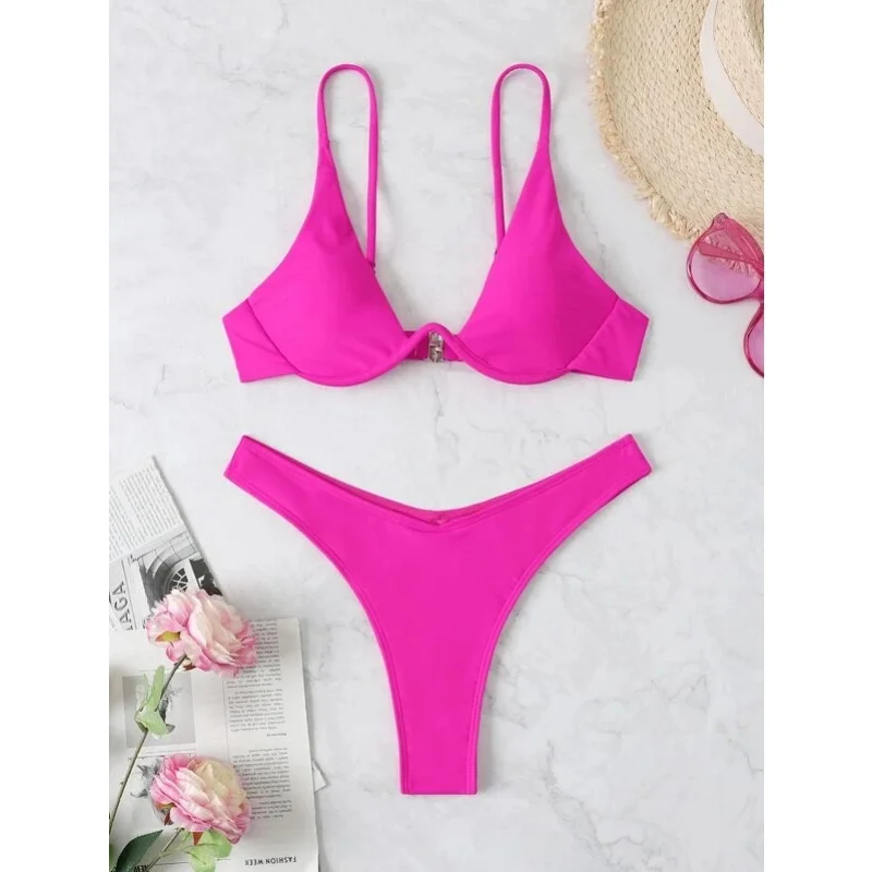 Damski strój kąpielowy bikini push-up z wysokim wycięciem Róża czerwona