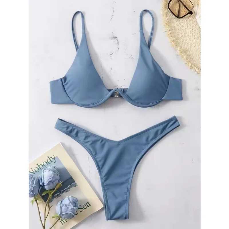 Damski strój kąpielowy bikini push-up z wysokim wycięciem Szary