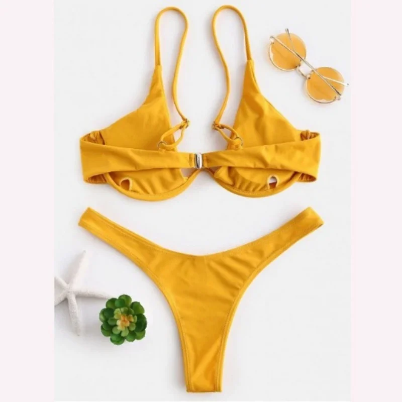 Damski strój kąpielowy bikini push-up z wysokim wycięciem żółty