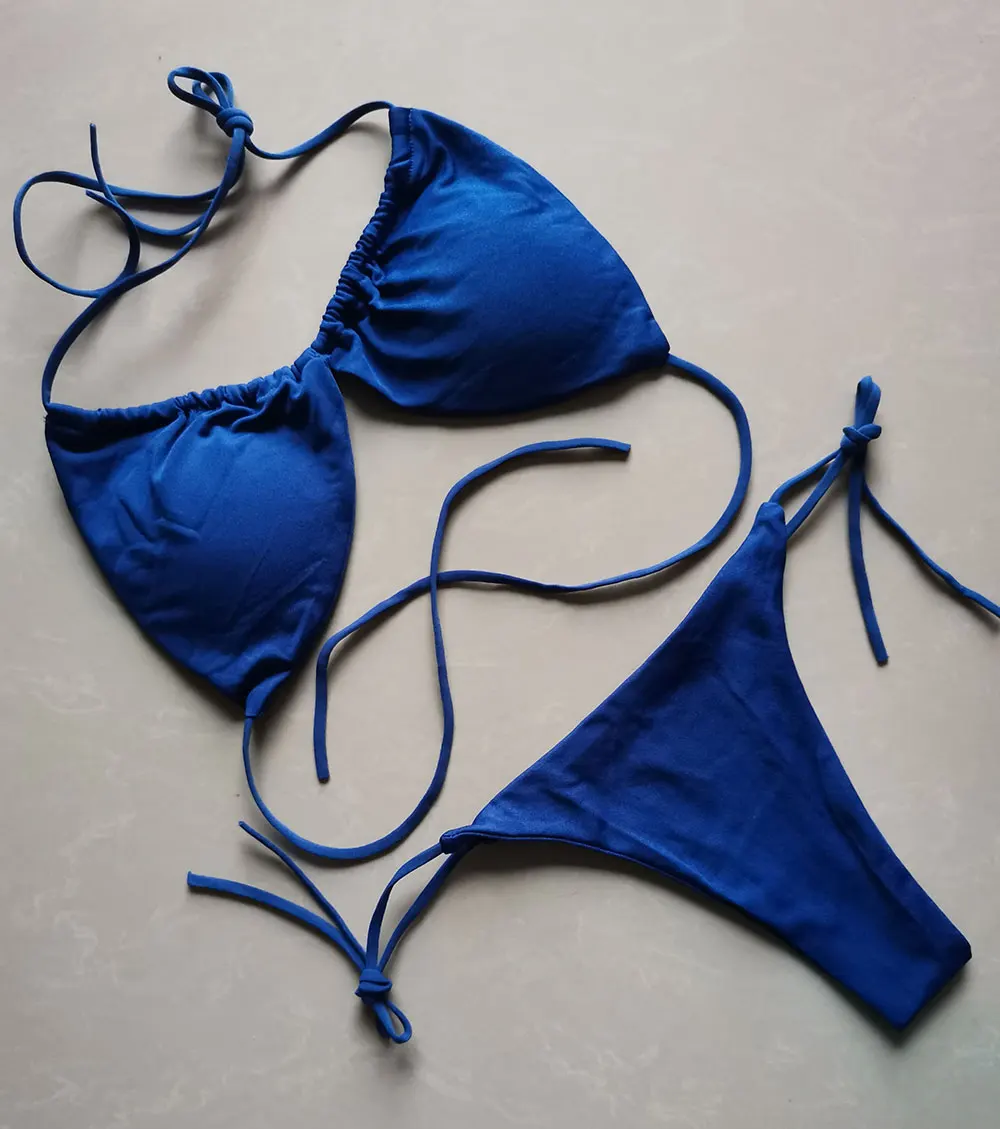Damski strój kąpielowy bikini push-up z wiązaniem Niebieski