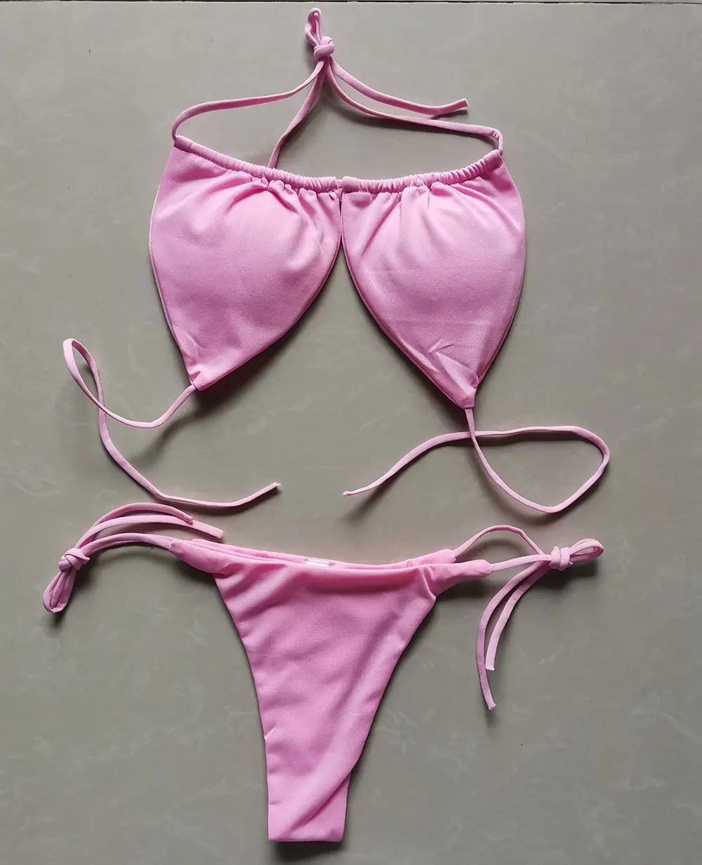 Damski strój kąpielowy bikini push-up z wiązaniem Różowy