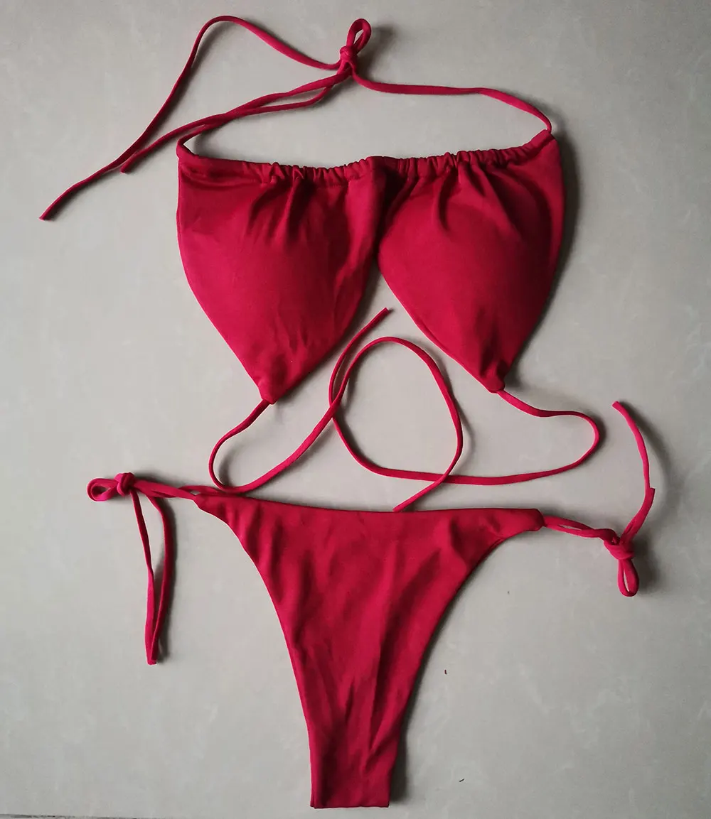 Damski strój kąpielowy bikini push-up z wiązaniem Bordowy