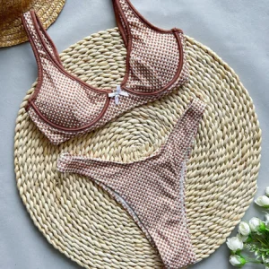 Damskie bikini dwuczęściowe w kratę z efektem push-up Brązowy