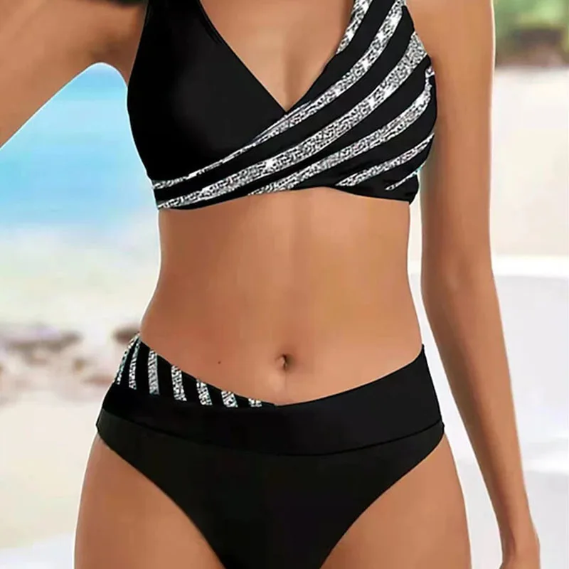 Damskie bikini w paski z dekoltem w serek Czarny