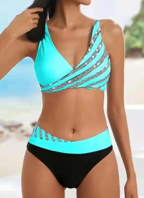 Damskie bikini w paski z dekoltem w serek Zielony