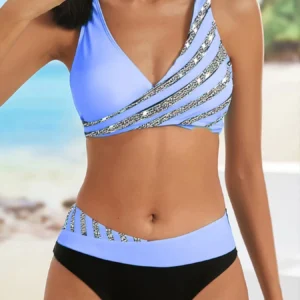 Damskie bikini w paski z dekoltem w serek Jasnoniebieski