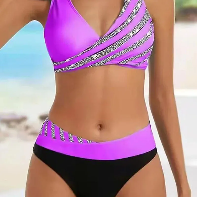 Damskie bikini w paski z dekoltem w serek Fioletowy