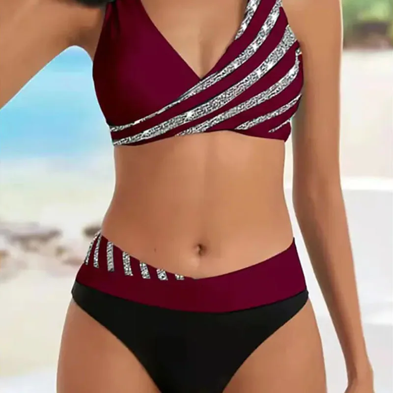 Damskie bikini w paski z dekoltem w serek Bordowy