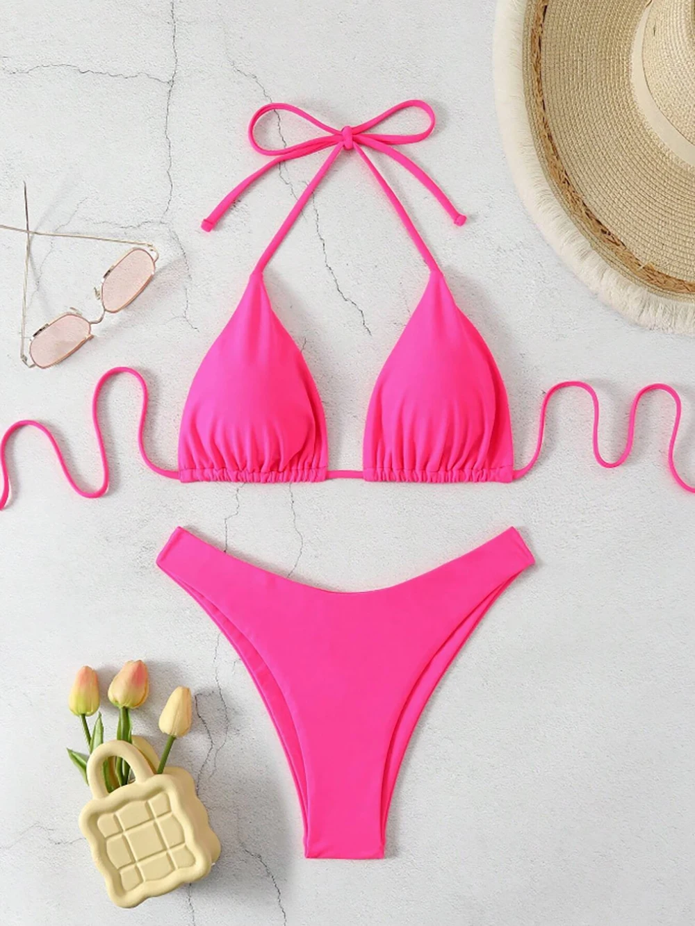 Damskie bikini z wiązaniem na szyi i stringami Style f