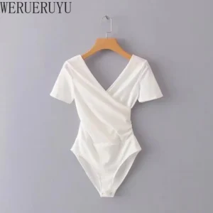 Damskie body z krótkim rękawem i dekoltem V Biały