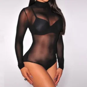 Damskie body z siateczki z długim rękawem Czarny