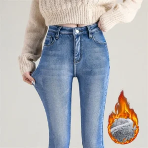 Damskie dżinsy termiczne z polarem skinny na zimę Błękitny