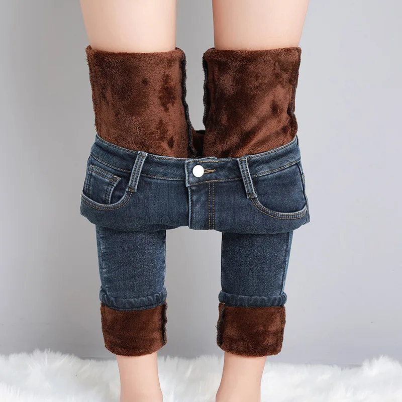 Damskie dżinsy termiczne z polarem skinny na zimę Jasny zielony