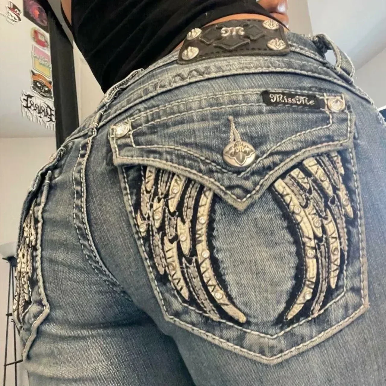 Damskie jeansy baggy z cekinami w stylu vintage Y2K 1