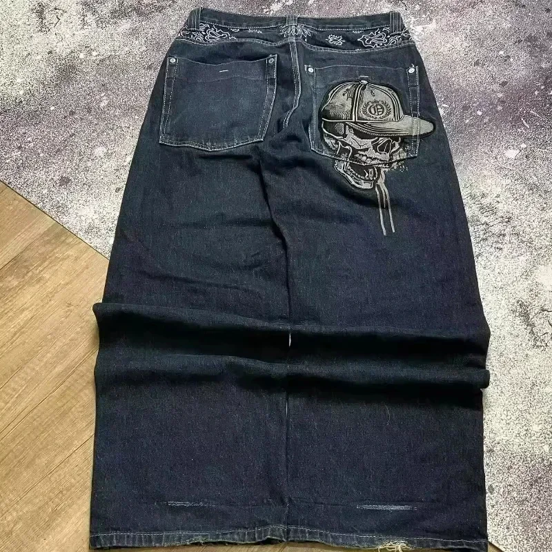 Damskie szerokie jeansy baggy z haftem i dużymi kieszeniami, Y2K 1