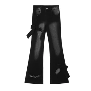 Damskie jeansy dzwony z kokardami w stylu gothic Y2K Czarny