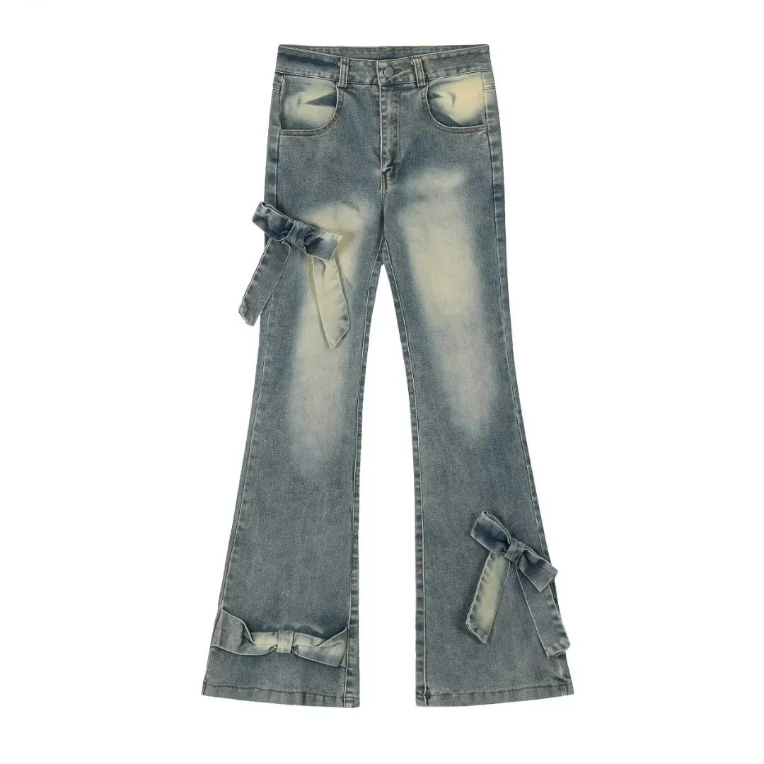 Damskie jeansy dzwony z kokardami w stylu gothic Y2K Niebieski