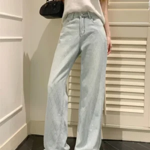 Damskie jeansy w kratę Y2K Vintage — spodnie kowbojskie Harajuku szeroka nogawka Niebieski
