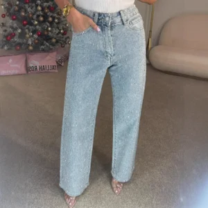 Damskie jeansy proste z wysokim stanem, postrzępione, vintage Niebieski