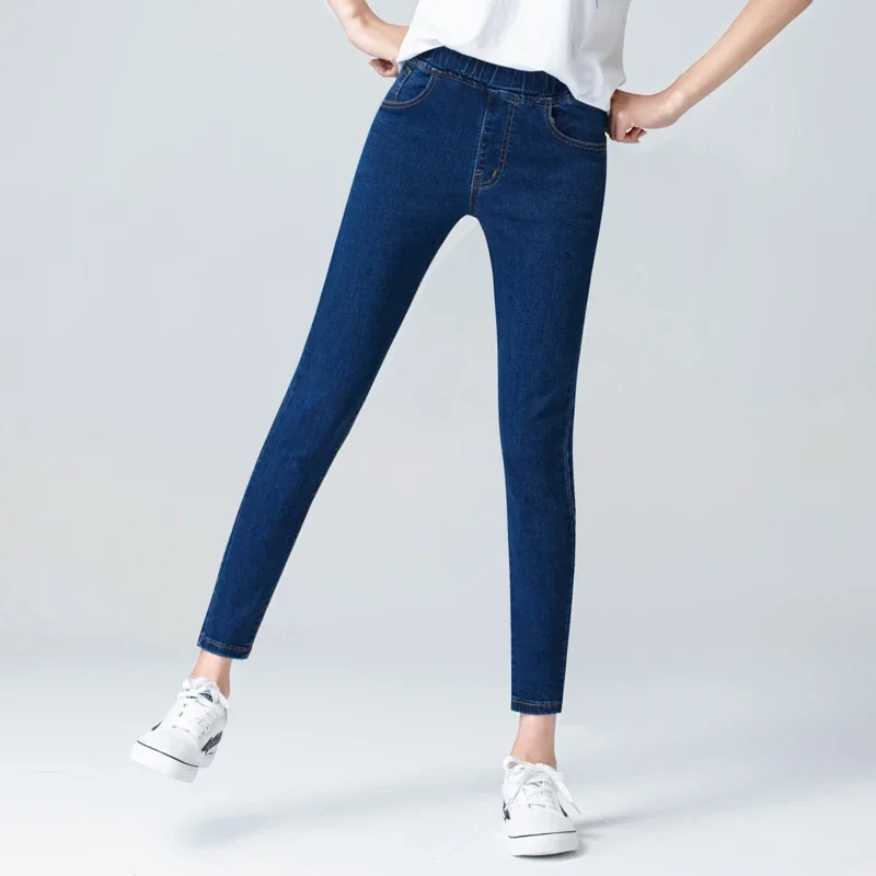 Damskie jeansy rurki z wysokim stanem plus size do 6XL Granatowy