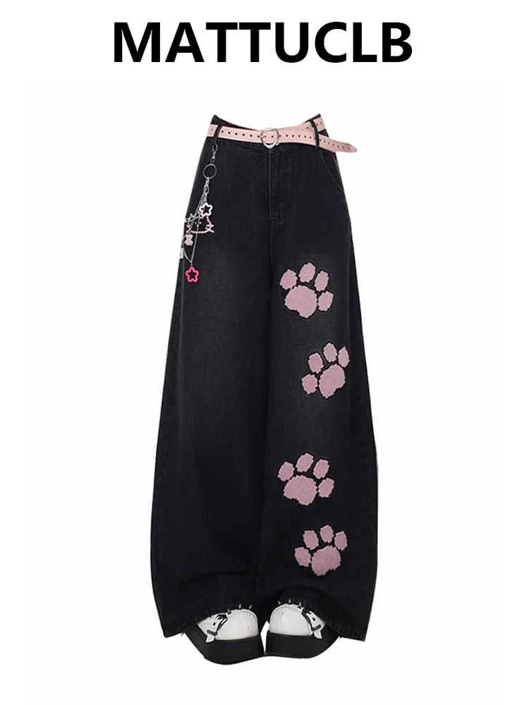 Damskie jeansy szerokie nogawki Y2K low waist Harajuku Czarny