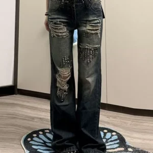 Damskie jeansy z dziurami i nitami w stylu retro Kk 1