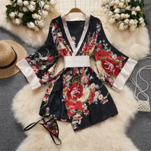 Damskie kimono szlafrok z kwiatowym nadrukiem Czarny