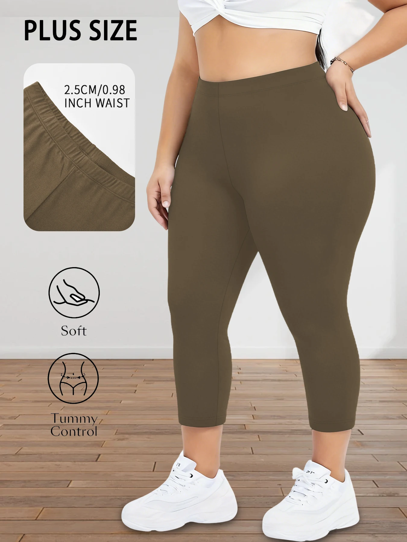 Damskie legginsy 3/4 plus size do jogi i fitnessu Brązowy