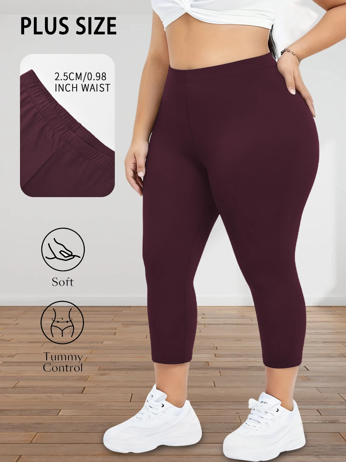 Damskie legginsy 3/4 plus size do jogi i fitnessu Bordowy