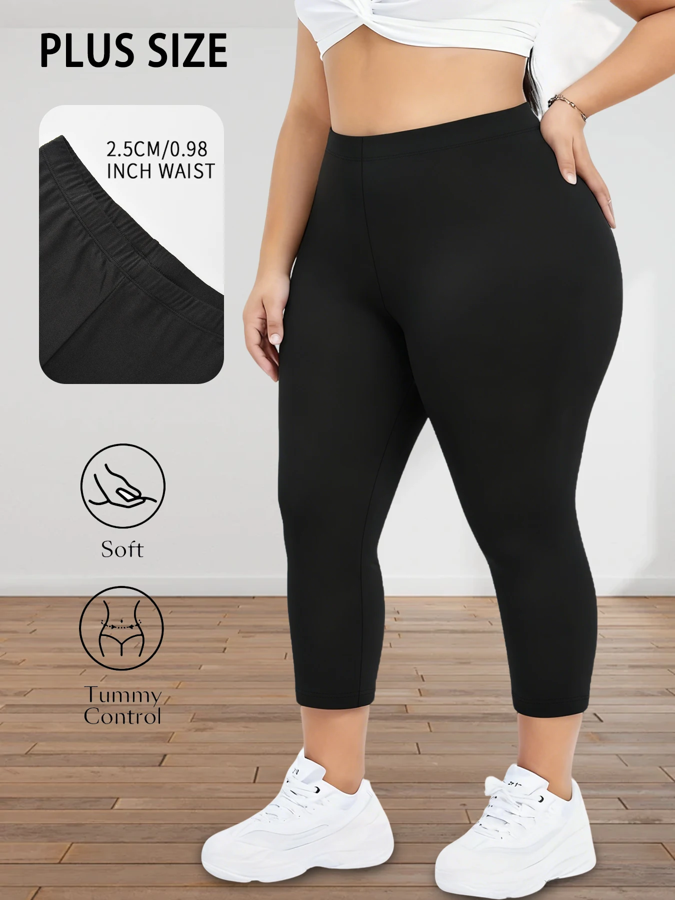 Damskie legginsy 3/4 plus size do jogi i fitnessu Czarny